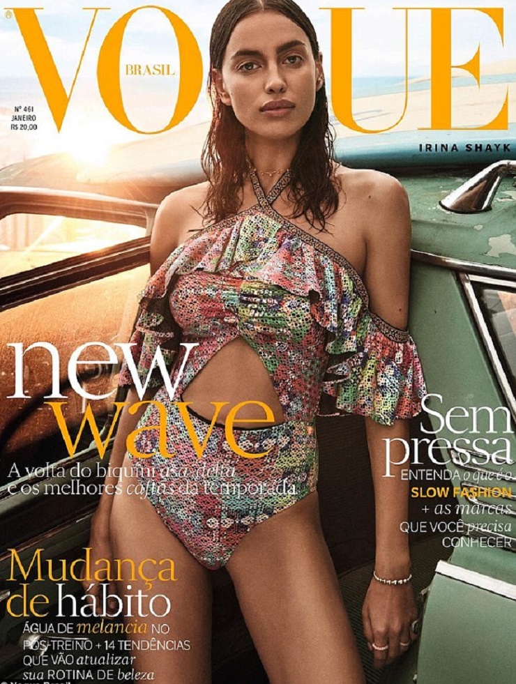 Bradley Cooper’s ‘fiancée’ Irina Shayk flashes tummy in tight crop top on the cover of Vogue Brazil as rumours persist she’s pregnant