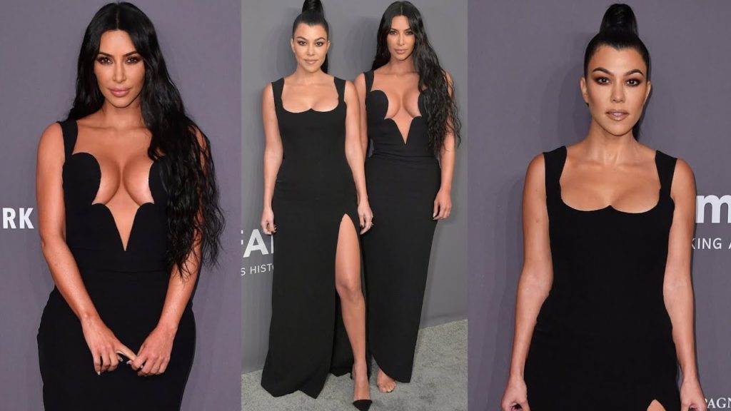 Kim Kardashian and Kourtney Kardashian Color Co-ordinate in matching Black on AmfAR Gala Red Carpet