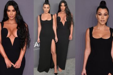 Kim Kardashian and Kourtney Kardashian Color Co-ordinate in matching Black on AmfAR Gala Red Carpet