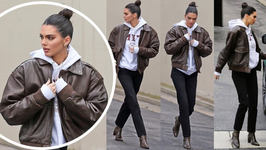 Kendall Jenner casual cool in brown leather jacket after filming KUWTK as she rallies round sisters