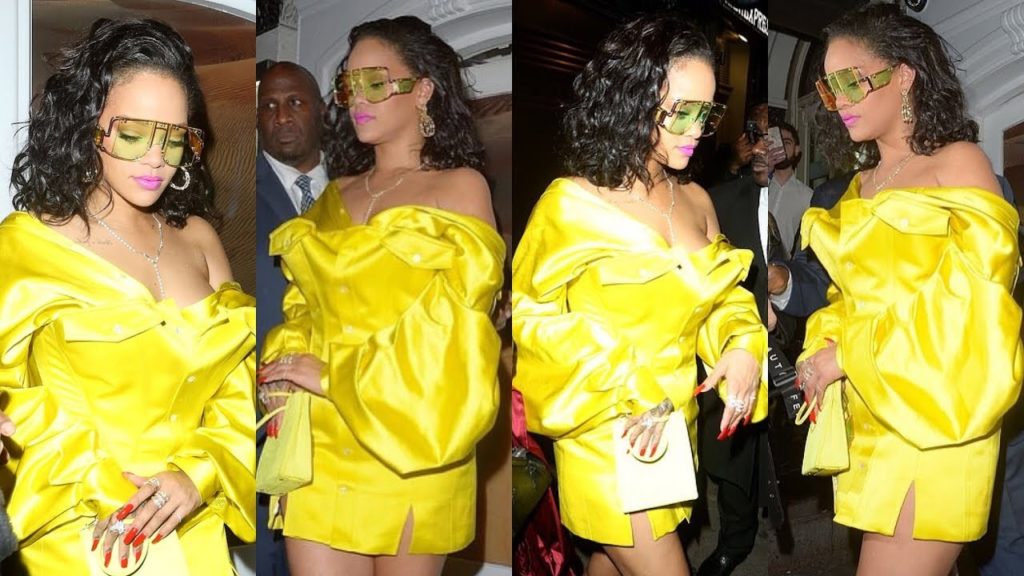 Yellow look! Rihanna looks sensational in a neon yellow silk mini Dress at her Fenty Beauty launch